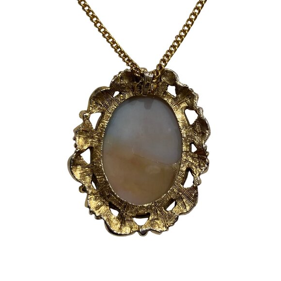 Vintage 60s 70s Agate Gold Tone Statement Necklace Boho Retro Large Cabochon 23” - Picture 9 of 10